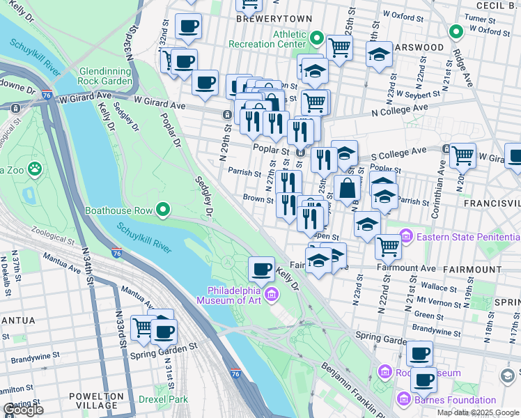 map of restaurants, bars, coffee shops, grocery stores, and more near 2708 Swain Street in Philadelphia