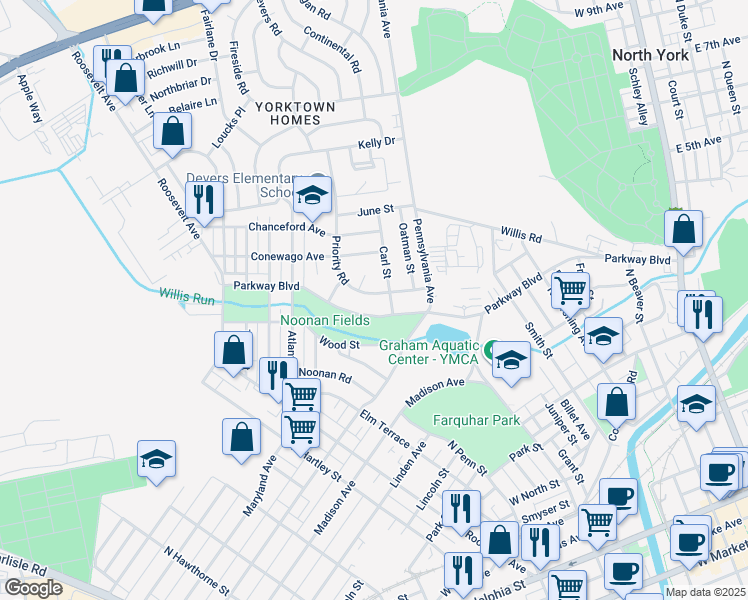 map of restaurants, bars, coffee shops, grocery stores, and more near 746 Priority Road in York