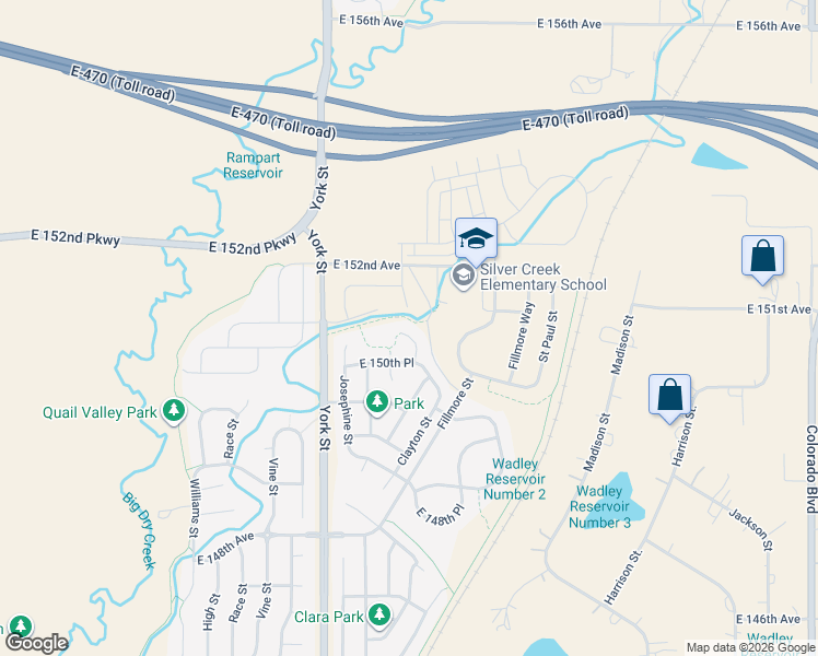 map of restaurants, bars, coffee shops, grocery stores, and more near 15092 Elizabeth Court in Thornton