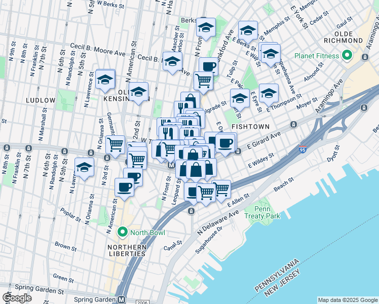 map of restaurants, bars, coffee shops, grocery stores, and more near 1244 Frankford Avenue in Philadelphia