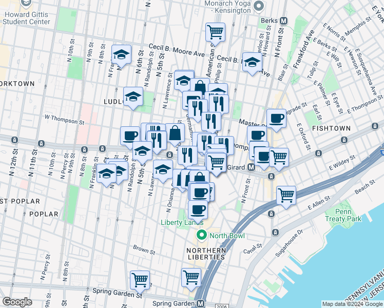 map of restaurants, bars, coffee shops, grocery stores, and more near in Philadelphia