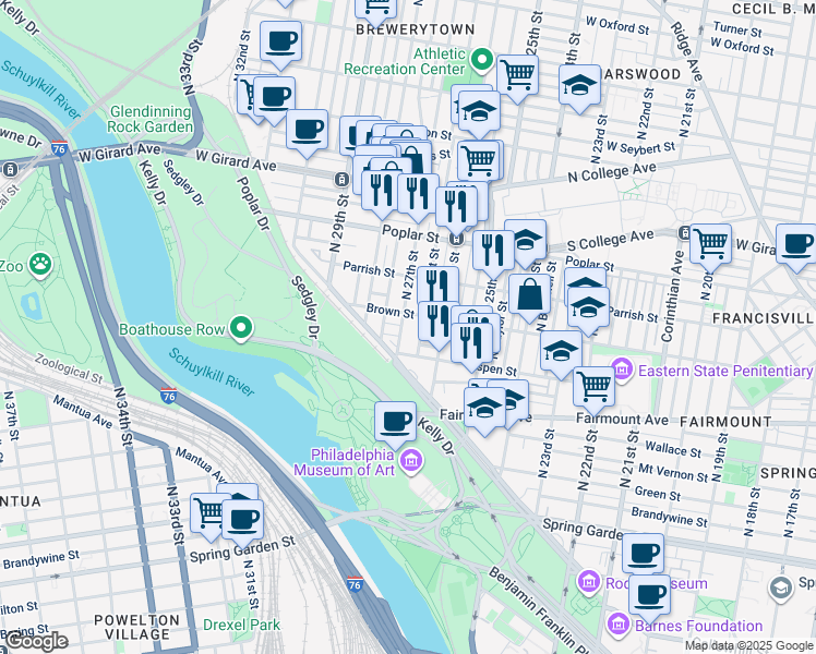 map of restaurants, bars, coffee shops, grocery stores, and more near 785 North 27th Street in Philadelphia