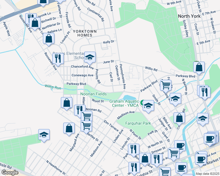 map of restaurants, bars, coffee shops, grocery stores, and more near 734 Priority Road in York