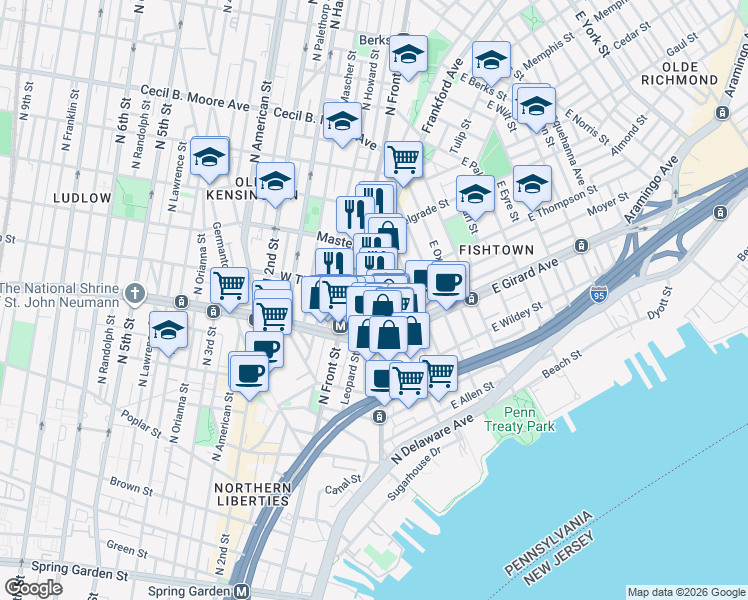 map of restaurants, bars, coffee shops, grocery stores, and more near 1246 Frankford Avenue in Philadelphia