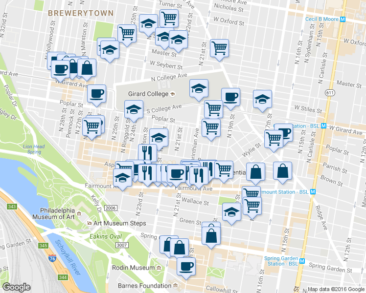 map of restaurants, bars, coffee shops, grocery stores, and more near 828 North Woodstock Street in Philadelphia