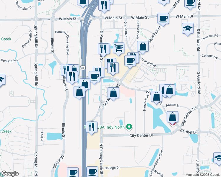 map of restaurants, bars, coffee shops, grocery stores, and more near 12346 Old Meridian Street in Carmel
