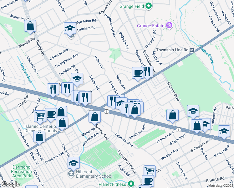 map of restaurants, bars, coffee shops, grocery stores, and more near 221 East Park Road in Havertown