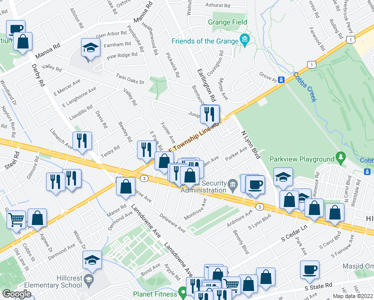 map of restaurants, bars, coffee shops, grocery stores, and more near 134 Cunningham Avenue in Delaware County