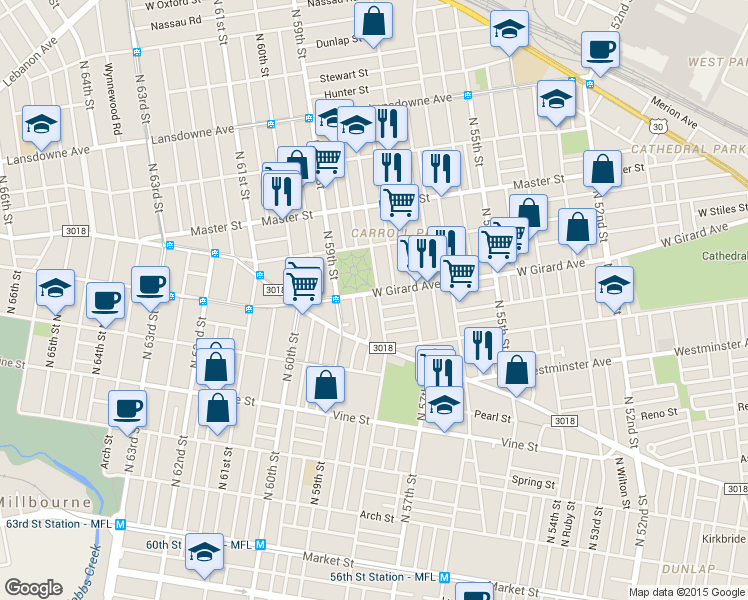map of restaurants, bars, coffee shops, grocery stores, and more near 556 North 58th Street in Philadelphia