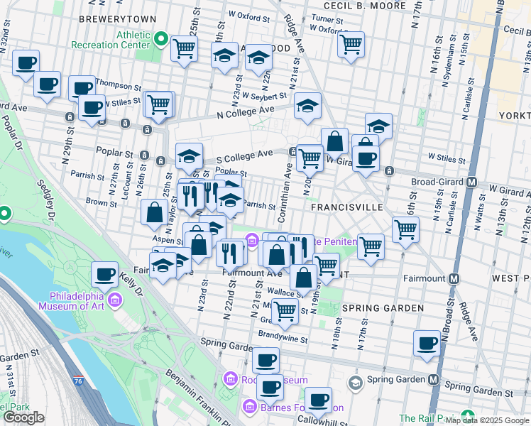 map of restaurants, bars, coffee shops, grocery stores, and more near 828 North Woodstock Street in Philadelphia