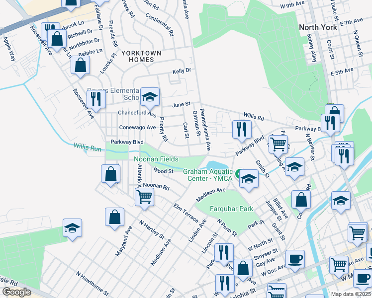 map of restaurants, bars, coffee shops, grocery stores, and more near 730 Priority Road in York