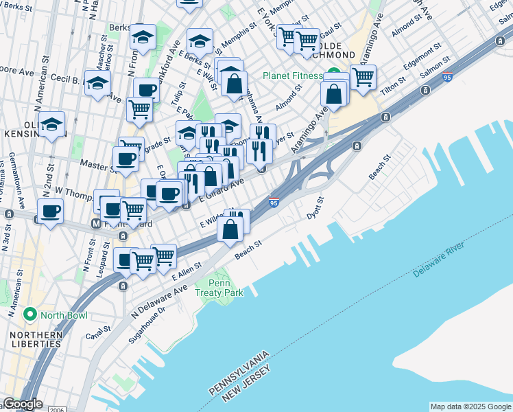 map of restaurants, bars, coffee shops, grocery stores, and more near 1025 East Montgomery Avenue in Philadelphia