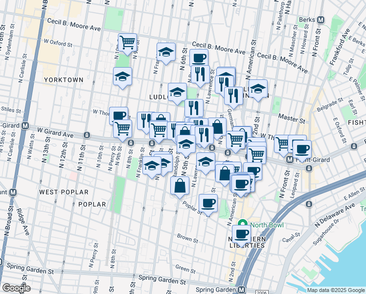 map of restaurants, bars, coffee shops, grocery stores, and more near 511 West Girard Avenue in Philadelphia