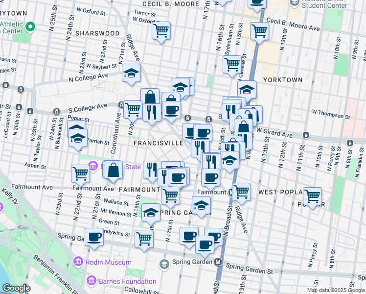 map of restaurants, bars, coffee shops, grocery stores, and more near 1700 Ridge Avenue in Philadelphia