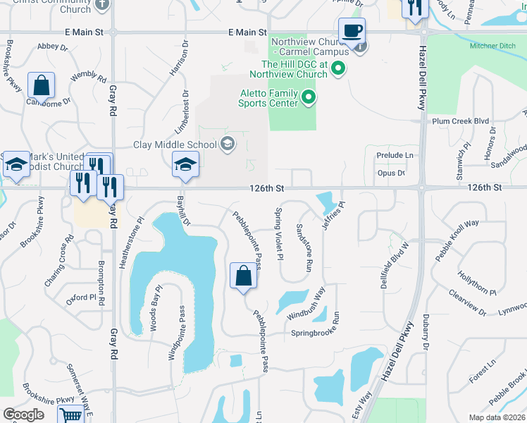 map of restaurants, bars, coffee shops, grocery stores, and more near 5313 East 126th Street in Carmel