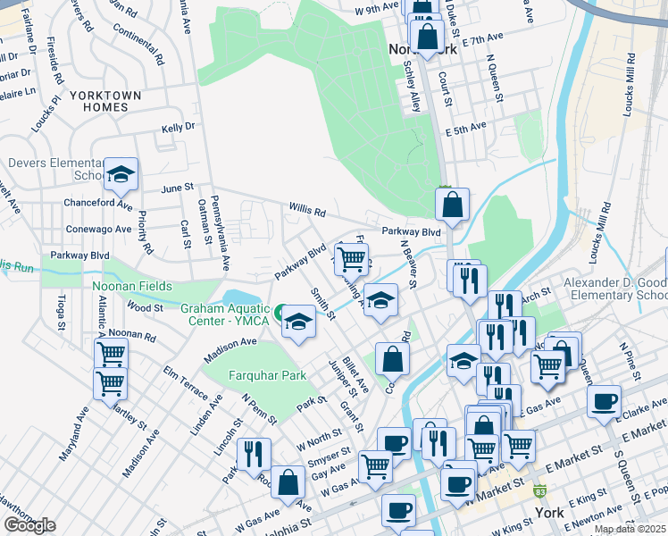 map of restaurants, bars, coffee shops, grocery stores, and more near 630 North Pershing Avenue in York