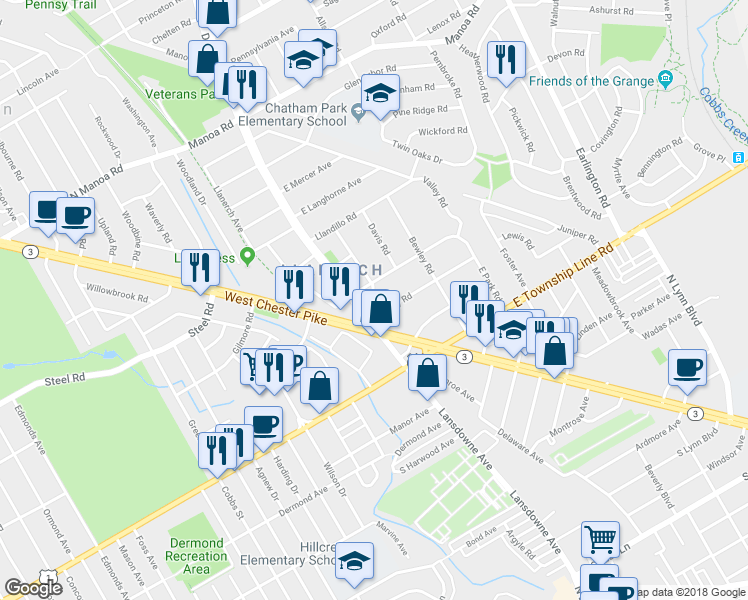 map of restaurants, bars, coffee shops, grocery stores, and more near 205 Lansdowne Road in Havertown