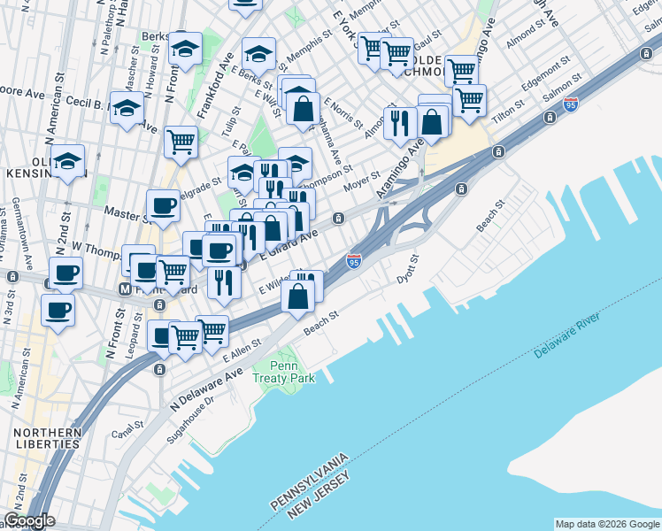 map of restaurants, bars, coffee shops, grocery stores, and more near 13 East Wildey Street in Philadelphia