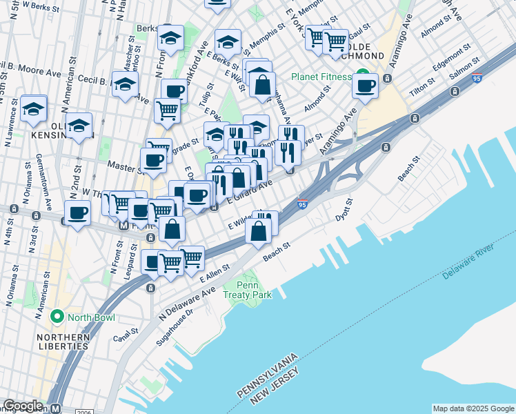 map of restaurants, bars, coffee shops, grocery stores, and more near 1116 East Eyre Street in Philadelphia