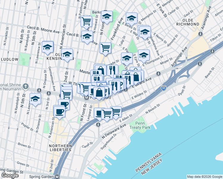 map of restaurants, bars, coffee shops, grocery stores, and more near 1223 Marlborough Street in Philadelphia