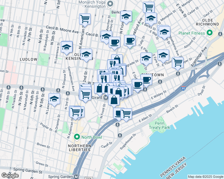 map of restaurants, bars, coffee shops, grocery stores, and more near 1240 Frankford Avenue in Philadelphia