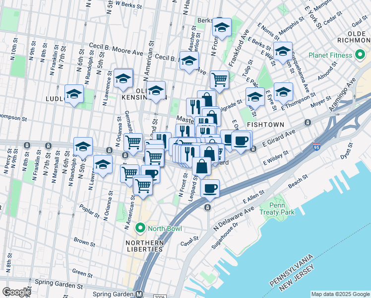 map of restaurants, bars, coffee shops, grocery stores, and more near 1257 North Howard Street in Philadelphia