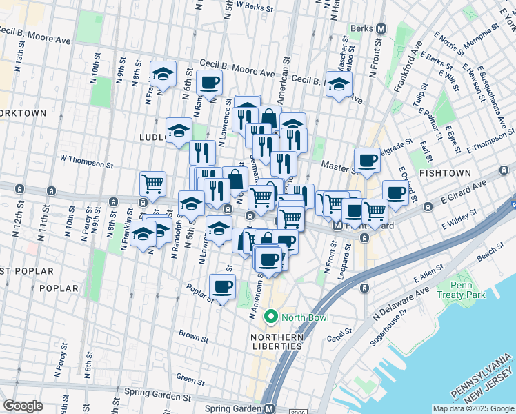 map of restaurants, bars, coffee shops, grocery stores, and more near 1224 Germantown Avenue in Philadelphia