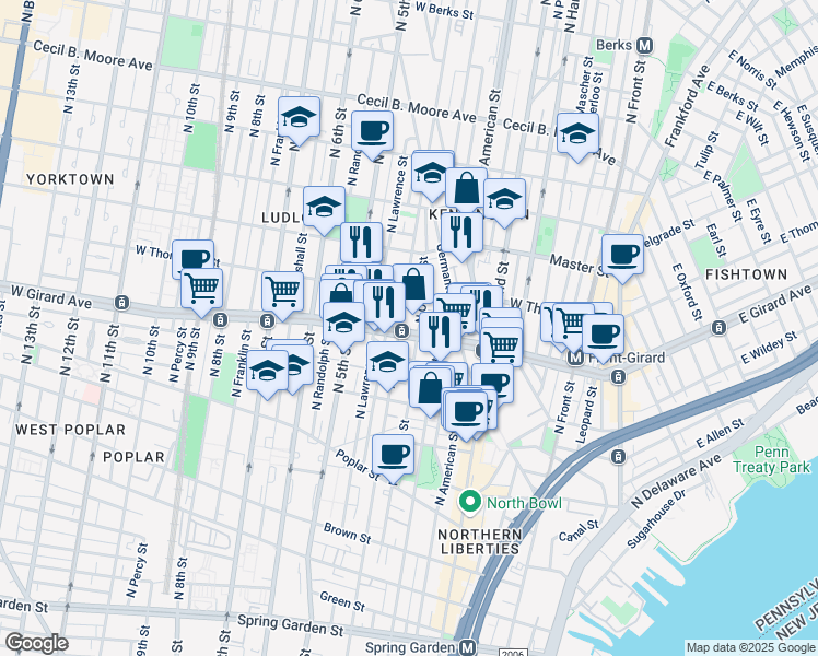 map of restaurants, bars, coffee shops, grocery stores, and more near in Philadelphia