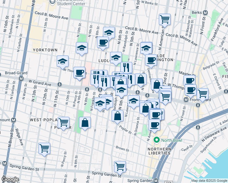 map of restaurants, bars, coffee shops, grocery stores, and more near 609 West Girard Avenue in Philadelphia