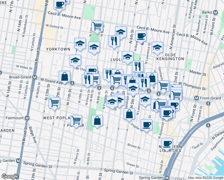 map of restaurants, bars, coffee shops, grocery stores, and more near in Philadelphia