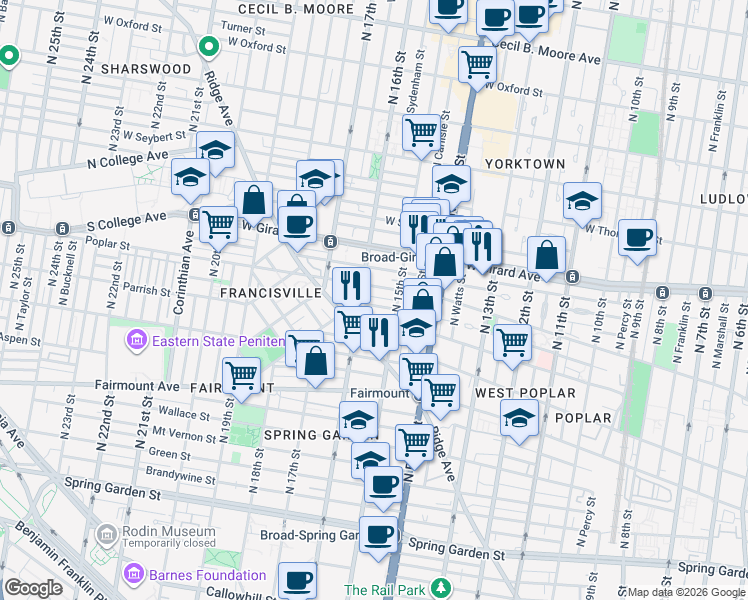 map of restaurants, bars, coffee shops, grocery stores, and more near 1515 Poplar Street in Philadelphia