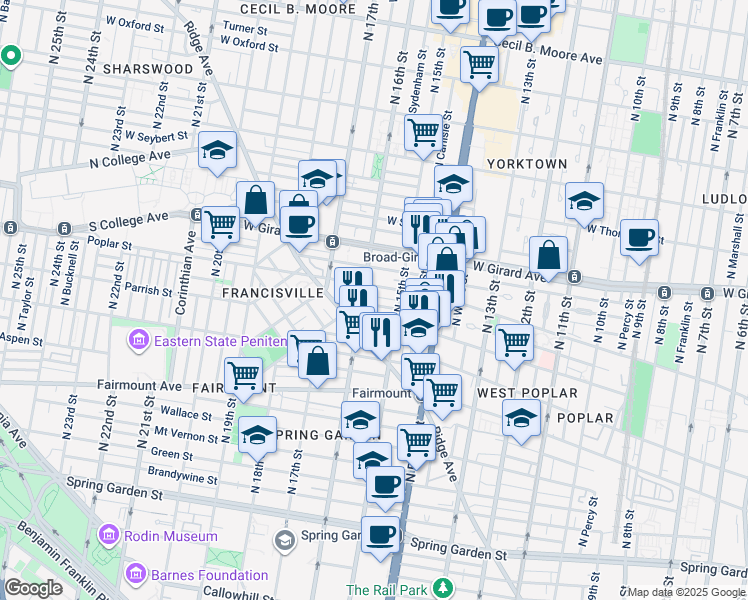 map of restaurants, bars, coffee shops, grocery stores, and more near 1535 Ogden Street in Philadelphia