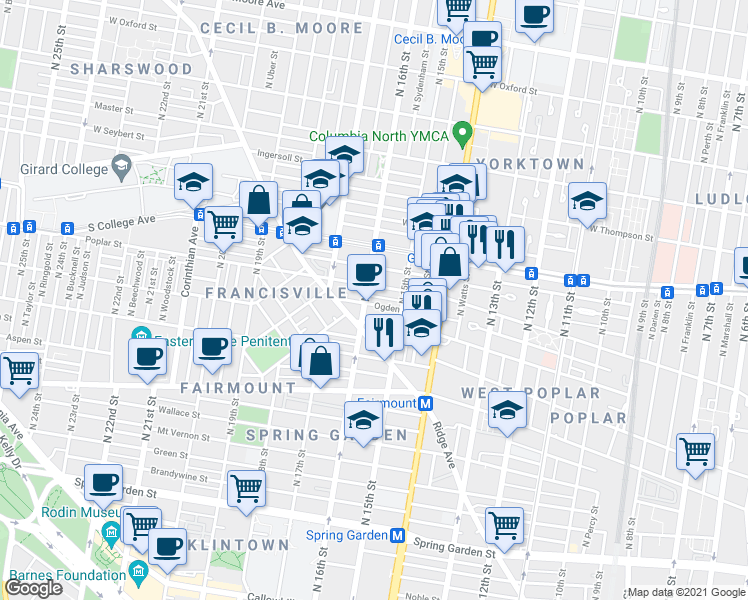 map of restaurants, bars, coffee shops, grocery stores, and more near 1515 Poplar Street in Philadelphia