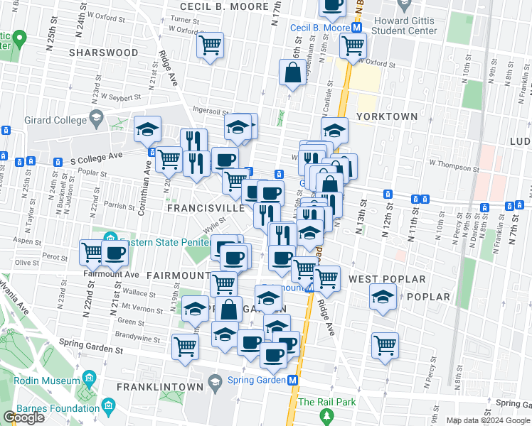map of restaurants, bars, coffee shops, grocery stores, and more near 1606 Poplar Street in Philadelphia