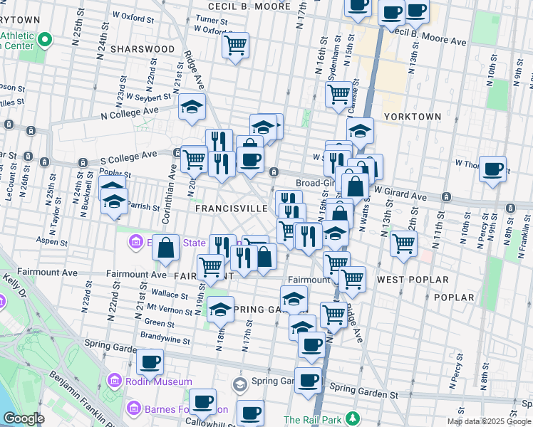 map of restaurants, bars, coffee shops, grocery stores, and more near 1700 Ridge Avenue in Philadelphia
