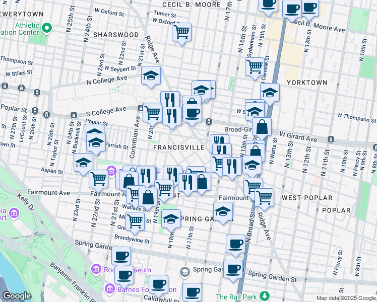 map of restaurants, bars, coffee shops, grocery stores, and more near in Philadelphia
