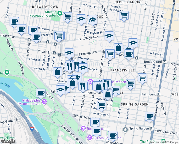 map of restaurants, bars, coffee shops, grocery stores, and more near 827 North Beechwood Street in Philadelphia