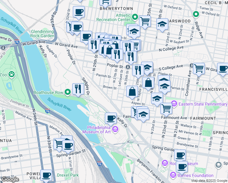 map of restaurants, bars, coffee shops, grocery stores, and more near 2704 Brown Street in Philadelphia
