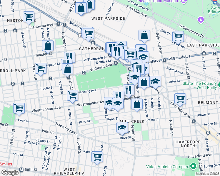 map of restaurants, bars, coffee shops, grocery stores, and more near 956 North Saint Bernard Street in Philadelphia