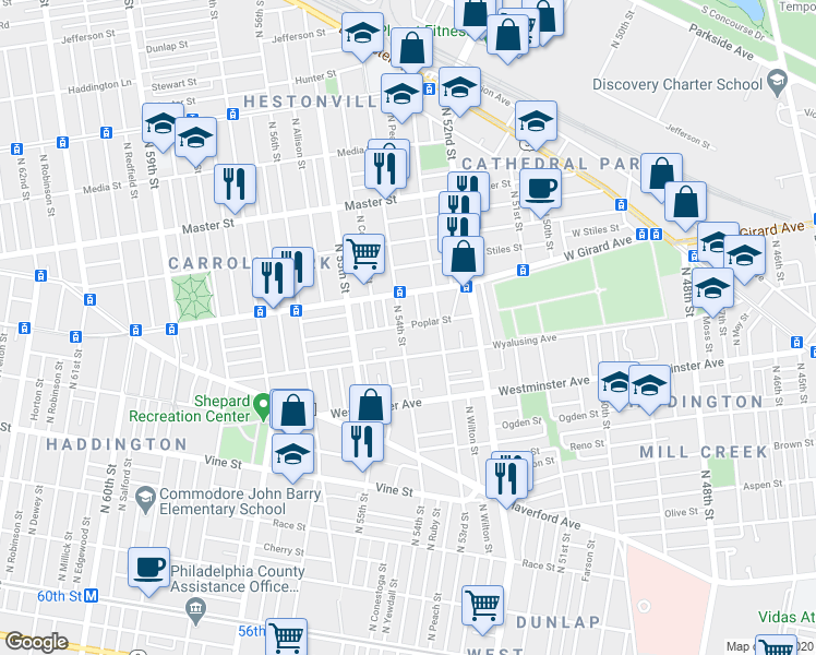 map of restaurants, bars, coffee shops, grocery stores, and more near in Philadelphia