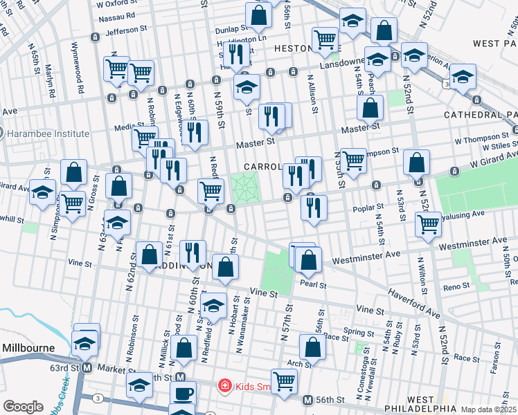 map of restaurants, bars, coffee shops, grocery stores, and more near 556 North 58th Street in Philadelphia