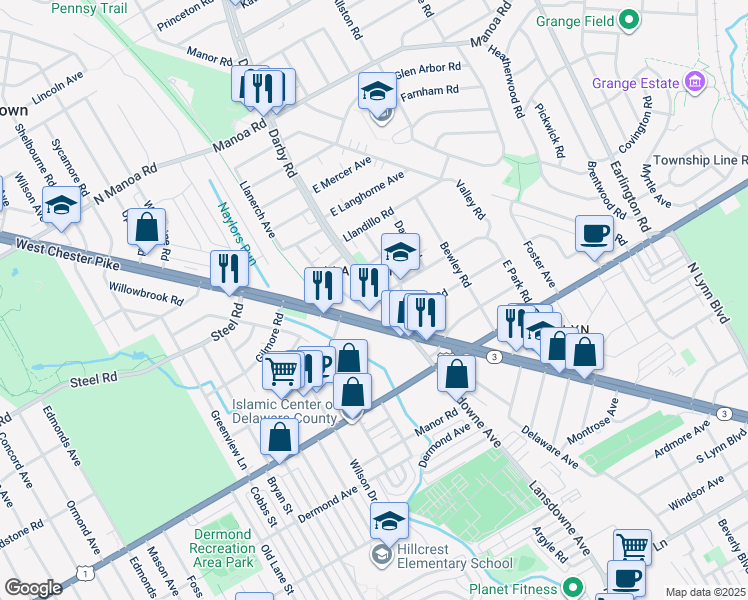 map of restaurants, bars, coffee shops, grocery stores, and more near 2 West Park Road in Havertown