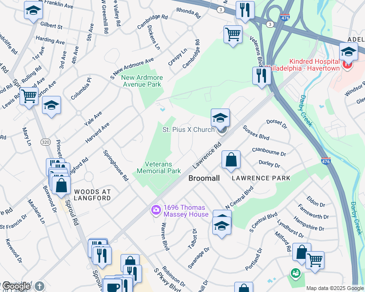 map of restaurants, bars, coffee shops, grocery stores, and more near 2021 Woodside Lane in Broomall