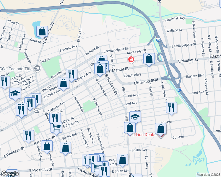 map of restaurants, bars, coffee shops, grocery stores, and more near 1232 East King Street in York