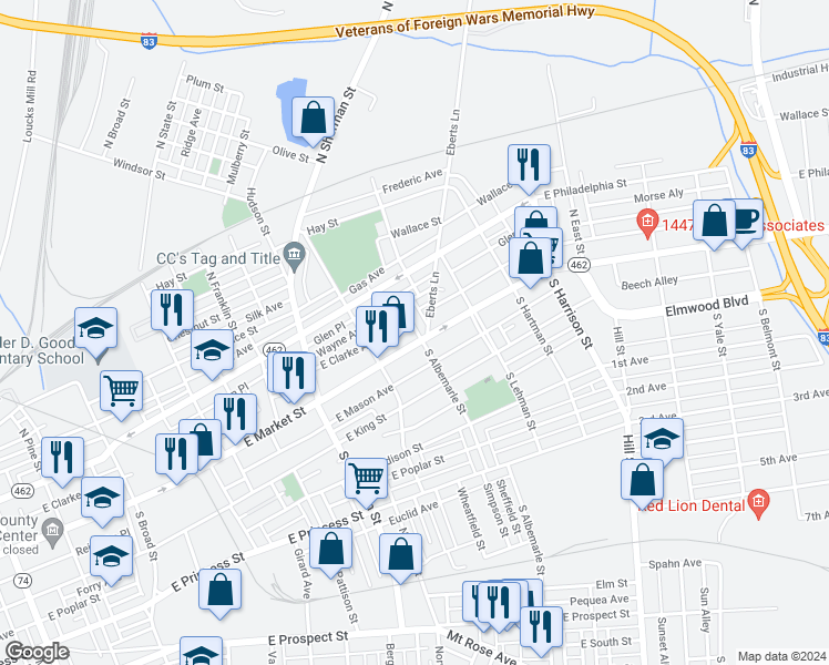 map of restaurants, bars, coffee shops, grocery stores, and more near 24 North Albemarle Street in York
