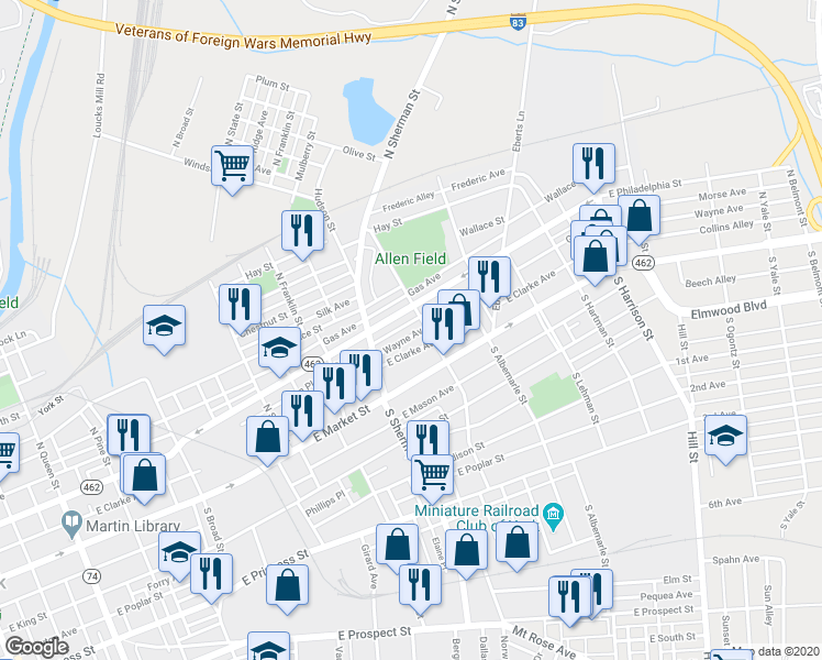 map of restaurants, bars, coffee shops, grocery stores, and more near 838 East Philadelphia Street in York