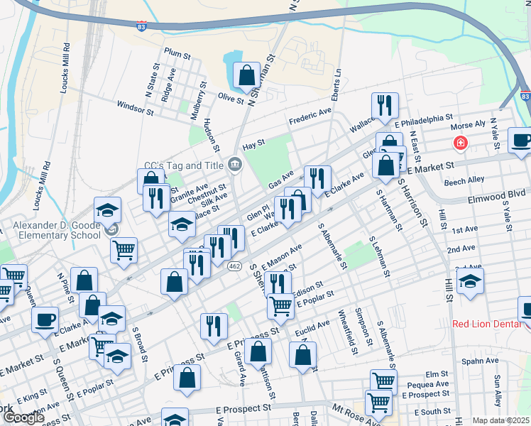 map of restaurants, bars, coffee shops, grocery stores, and more near 838 East Philadelphia Street in York