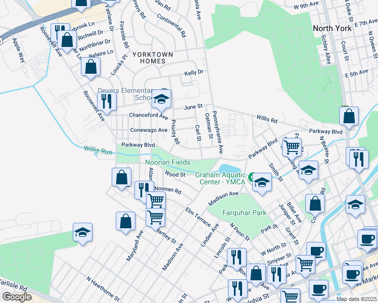 map of restaurants, bars, coffee shops, grocery stores, and more near 746 Priority Road in York