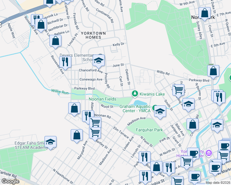 map of restaurants, bars, coffee shops, grocery stores, and more near 731 Priority Road in York