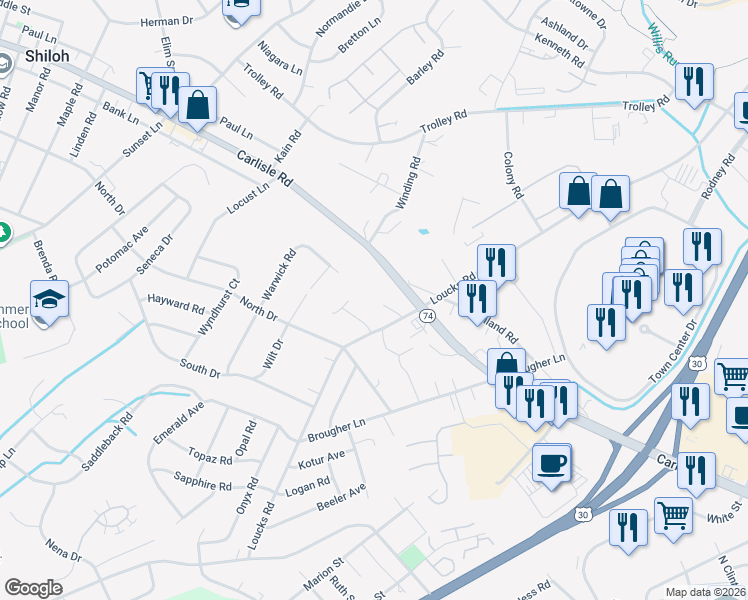 map of restaurants, bars, coffee shops, grocery stores, and more near 1660 Carlisle Avenue in York